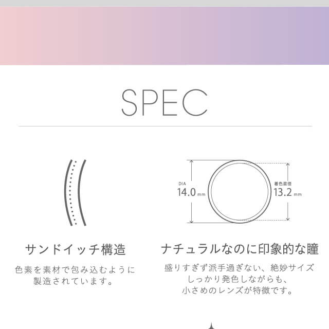 紗栄子イメージモデルカラコン Michebloomin -ミッシュブルーミン｜SPEC ナチュラルなのに印象的な瞳 盛りすぎず派手すぎない、しっかり発色しながらも、小さめのレンズが特徴です。　サンドイッチ構造　色素を素材で包み込むように製造されています。