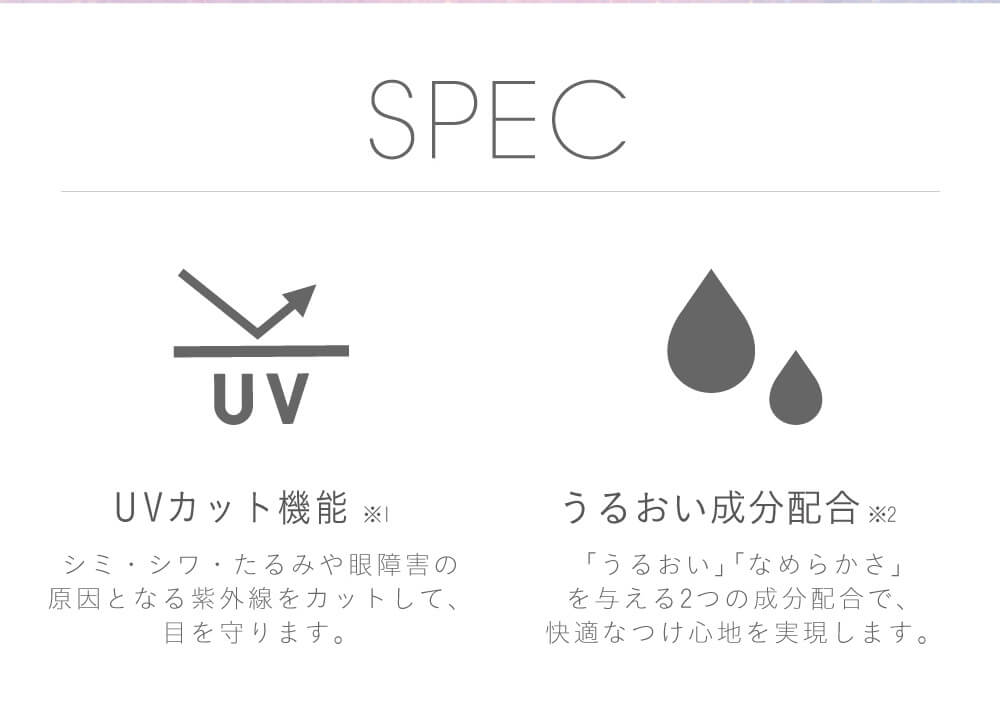IZ*ONE(アイズワン)イメージモデルカラコン michebloomin_irisglow -ミッシュブルーミンアイリスグロー|SPEC UVカット機能 シミ・シワ・たるみや眼障害の原因となる紫外線をカットして、目を守ります。 うるおい成分配合 ※2 「うるおい」「なめらかさ」を与える2つの成分配合で、快適なつけ心地を実現します。
