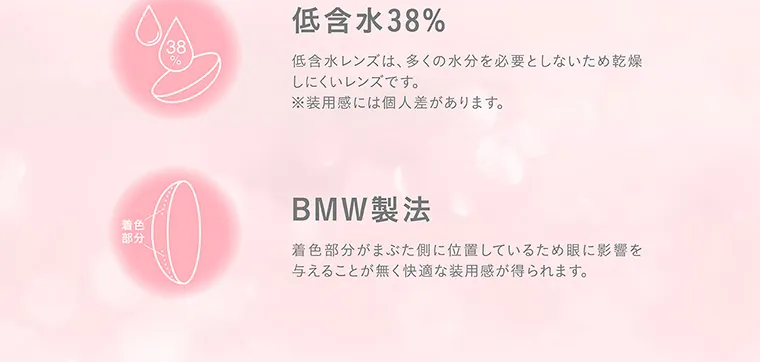 nanakoななこプロデュースカラコン mimicharme｜着色 部分 38 % 低含水38% 低含水レンズは、多くの水分を必要としないため乾燥 しにくいレンズです。 ※装用感には個人差があります。 BMW製法 着色部分がまぶた側に位置しているため眼に影響を 与えることが無く快適な装用感が得られます。