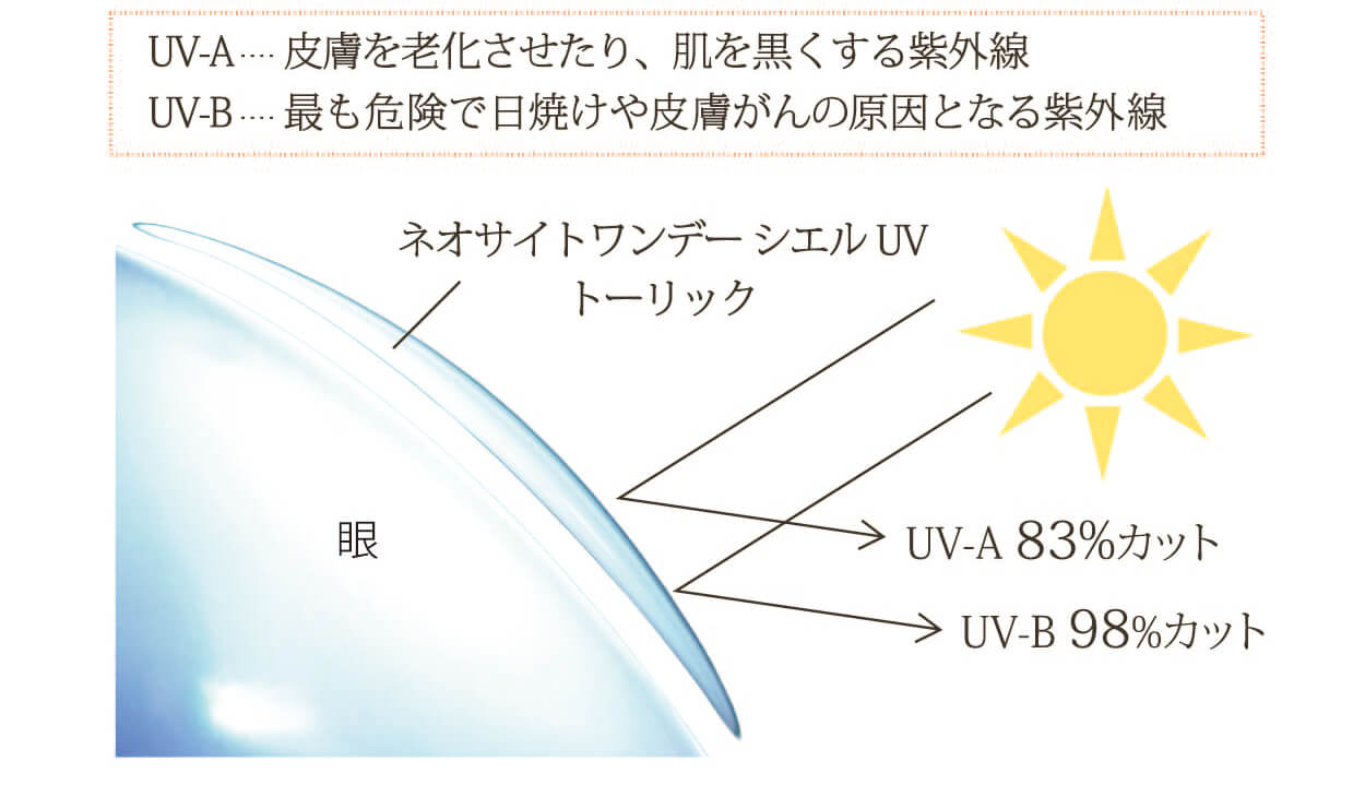 小松菜奈イメージモデル Neo Sight one day Ciel UV Toric/ネオサイトワンデーシエルUVトーリック｜UV-A…皮膚を老化させたり、肌を黒くする紫外線 UV-B…最も危険で日焼けや皮膚がんの原因となる紫外線 ネオサイトワンデーシエルUVトーリック UV-A 83%カット UV-B 98%カット 眼