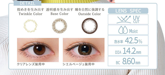 小松菜奈イメージモデルカラコン Neo Sight oneday Ciel UV -ネオサイトワンデーシエルUV|DETAIL 煌めきを生み出す Twinkle Color 透明感を生み出す Base Color 瞳を自然に強調する Outside Color LENS SPEC UV CUT Moist 含水率42.5% DIA14.2mm BC8.60mm クリアレンズ装用中 シエルベージュ装用中