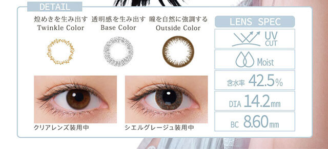 小松菜奈イメージモデルカラコン Neo Sight oneday Ciel UV -ネオサイトワンデーシエルUV|DETAIL 煌めきを生み出す Twinkle Color 透明感を生み出す Base Color 瞳を自然に強調する Outside Color LENS SPEC UV CUT Moist 含水率42.5% DIA14.2mm BC8.60mm クリアレンズ装用中 シエルグレージュ装用中