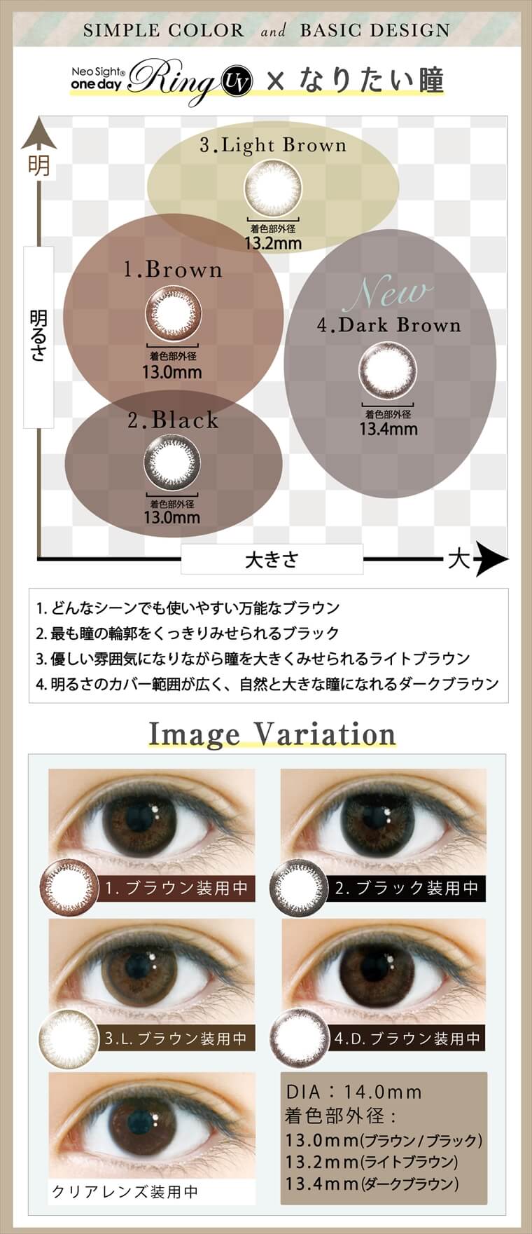 小松菜奈イメージモデルカラコン Neo Sight one day Ring UV -ネオサイトワンデーリングUV|SIMPLE COLOR and BASIC DESIGN【Neo Sight one day Ring UV×なりたい瞳】1.Brown:着色部外径 13.0mm 2.Black:着色部外径 13.0mm 3.Light Brown:着色部外径 13.2mm 4.<New>Dark Brown:着色部外径 13.4mm 1.どんなシーンでも使いやすい万能なブラウン 2.最も瞳の輪郭をくっきりみせられるブラック 3.優しい雰囲気になりながら瞳を大きくみせられるライトブラウン 4. 明るさのカバー範囲が広く、自然と大きな瞳になれるダークブラウン