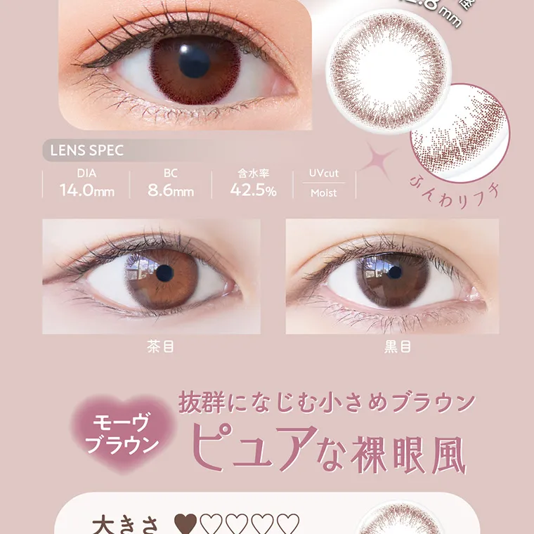 白宮みずほイメージモデルカラコン Neo Sight one day Ring UV -ネオサイトワンデーリングUV｜LENS SPEC DIA 14.0mm BC 8.6mm 含水率 42.5% UVcut 茶目 黒目 モーヴ ブラウン ピュアな裸眼風 大きさ