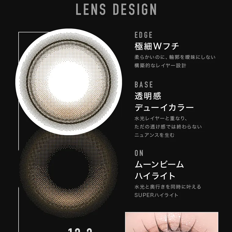 aespaイメージモデルカラコン【アザーマンスリー/ØTHER 1MONTH】｜LENS DESIGN EDGE 極細Wフチ 柔らかいのに、 輪郭を曖昧にしない 構築的なレイヤー設計 GDIA 13.2 LENS LOCK 回らない水光カラコン BASE 透明感 デューイカラー 水光レイヤーと重なり、 ただの透け感では終わらない ニュアンスを生む ON ムーンビーム ハイライト