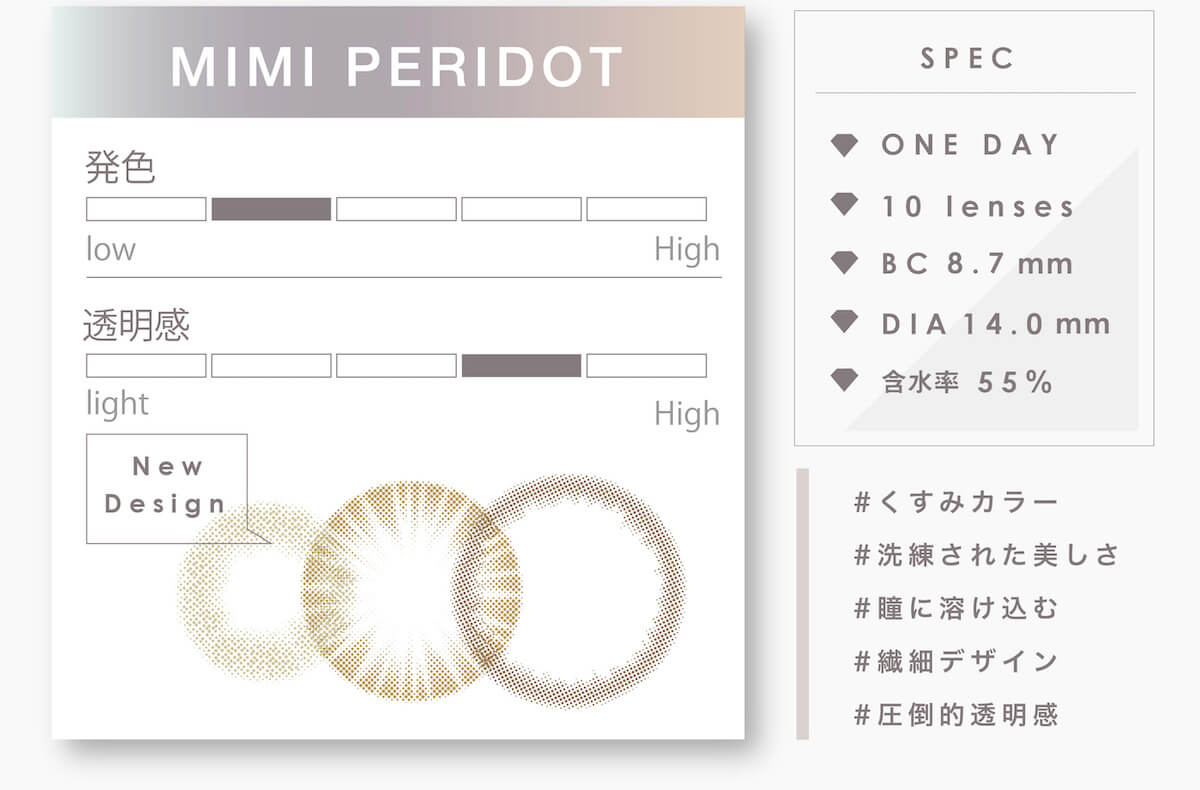 マギーイメージモデル ピエナージュミミジェム-PienAge mimigemme|発色 透明感 SPEC ONE DAY 10 lenses BC 8.7mm DIA 14.0mm 含水率55% #くすみカラー #洗練された美しさ #瞳に溶け込む #繊細デザイン #圧倒的透明感