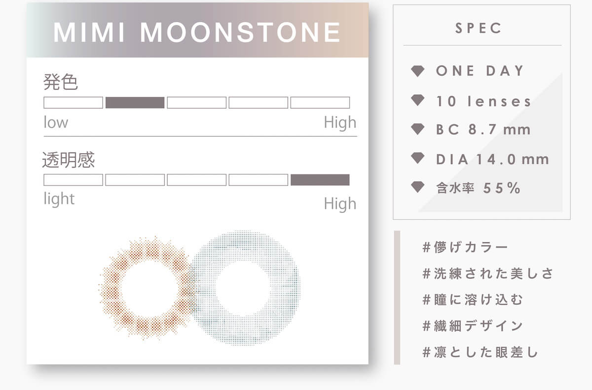 マギーイメージモデル ピエナージュミミジェム-PienAge mimigemme|MIMI MOONSTONE 発色 透明感 SPEC ONE DAY 10 lenses BC 8.7mm DIA 14.0mm 含水率55% #儚げカラー #洗練された美しさ #瞳に溶け込む #繊細デザイン #凛とした眼差し
