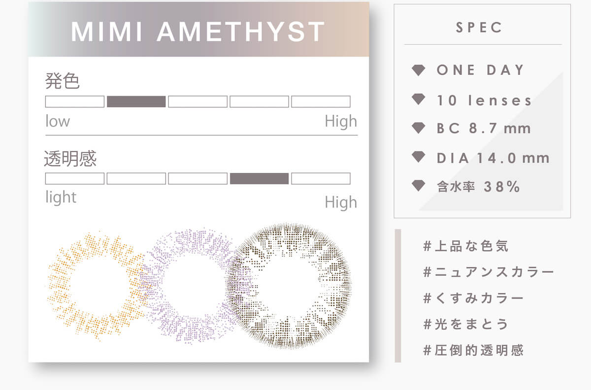 マギーイメージモデル ピエナージュミミジェム-PienAge mimigemme|MIMI AMETHYST 発色 透明感 SPEC ONE DAY 10 lenses BC 8.7mm DIA 14.0mm 含水率38% #光をまとう #ニュアンスカラー #くすみカラー #圧倒的透明感 #上品な色気