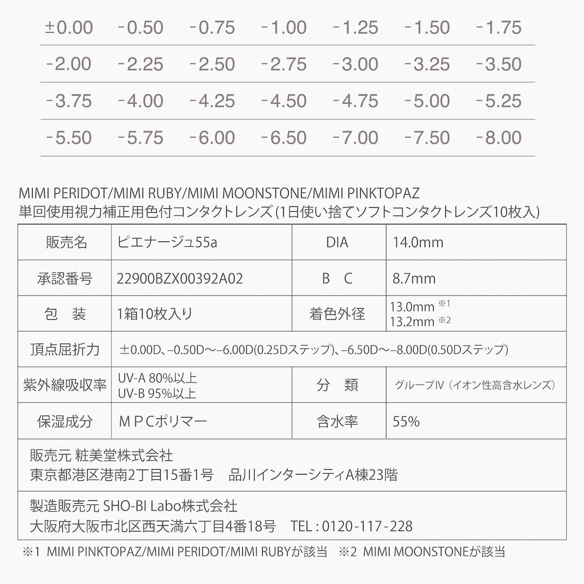マギーイメージモデル ピエナージュミミジェム-PienAge mimigemme|±0.00 -0.50 -0.75 -1.00 -1.25 -1.50 -1.75 -2.00 -2.25 -2.50 -2.75 -3.00 -3.25 -3.50 -3.75 -4.00 -4.25 -4.50 -4.75 -5.00 -5.25 -5.50 -5.75 -5.00 -5.25 -5.50 -5.75 -6.00 -6.25 -6.50 -6.75 -7.00 -7.25 -7.50 -7.75 -8.00 販売名ピエナージュ55a DIA 14.0mm 承認番号:22900BZX00223A06 ベースカーブ(BC):8.7mm 1箱10枚入り 着色直径:13.0mm 13.2mm 保湿成分MPCポリマー 含水率55% 製造販売元:SHO-BI Labo株式会社