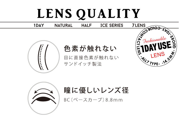 クオーレワンデー -QuoRe 1day|LENS QUALITY/1DAY/NATURAL/HALF/ICE SERIES/7LENS/色素が触れない 目に直接色素が触れない サンドイッチ製法。瞳に優しいレンズ径BC(ベースカーブ)8.8mm