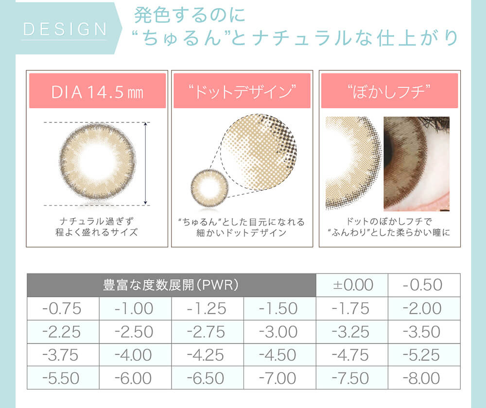 QuoRe Luna Natural -クオーレ ルナナチュラル|DESIGN 発色するのに”ちゅるん”とナチュラルな仕上がり DIA 14.5mm ナチュラル過ぎず程よく盛れるサイズ ”ドットデザイン” ”ちゅるん”とした目元になれる細かいドットデザイン ”ぼかしフチ” ドットのぼかしフチで”ふんわり”とした柔らかい瞳に 豊富な度数展開(PWR) ±0.00 -0.50 -0.75 -1.00 -1.25 -1.50 -1.75 -2.00 -2.25 -2.50 -2.75 -3.00 -3.25 -3.50 -3.75 -4.00 -4.25 -4.50 -4.75 -5.25 -5.50 -6.00 -6.50 -7.00 -7.50 -8.00
