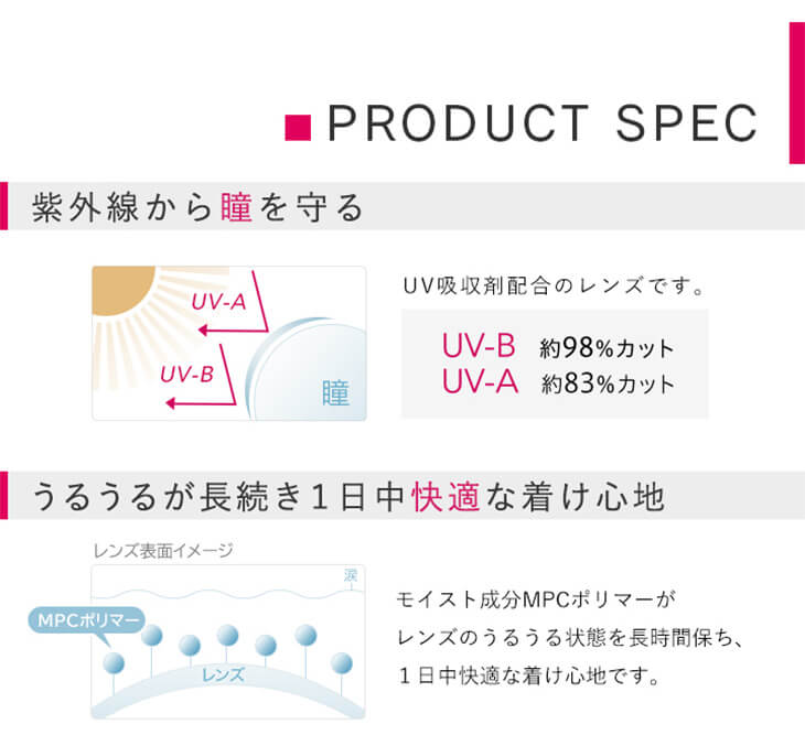 Recoco -リココ|PRODUCT SPRC 紫外線から瞳を守る UV吸収剤配合のレンズです。 UV-B約98%カット UV-A約83%カット うるうるが長続き1日中快適な着け心地 モイスト成分MPCポリマーがレンズのうるうる状態を長時間保ち、1日中快適な着け心地です。レンズ表面イメージ 涙