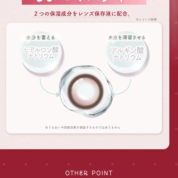 バン・ジミンイメージモデルカラコン 1-DAY Refrear a-eye｜ 2つの保湿成分をレンズ保存液に配合。 ※イメージ画像 水分を蓄える ヒアルロン酸 ナトリウム 水分を滞留させる アルギン酸 ナトリウム ※うるおいや効能効果を保証するものではありません OTHER POINT