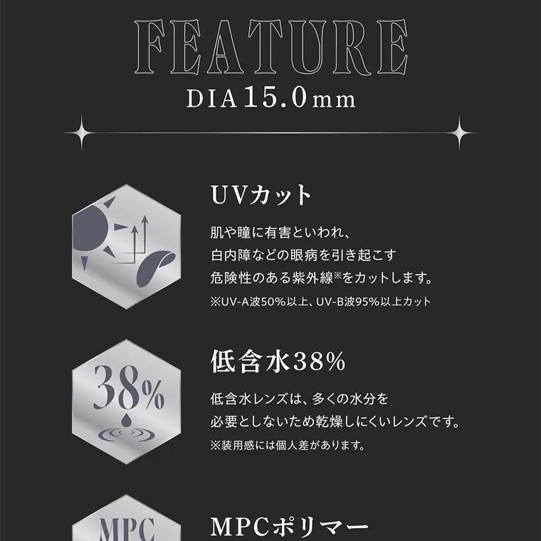 せいせい(田向 星華)イメージモデルカラコン resay|FEATURE DIA 15.0mm UVカット 肌や瞳に有害といわれ、 白内障などの眼病を引き起こす 危険性のある紫外線をカットします。 ※UV-A波50%以上、 UV-B波95%以上カット 低含水38% 低含水レンズは、多くの水分を 必要としないため乾燥しにくいレンズです。 ※装用感には個人差があります。 MPCポリマー