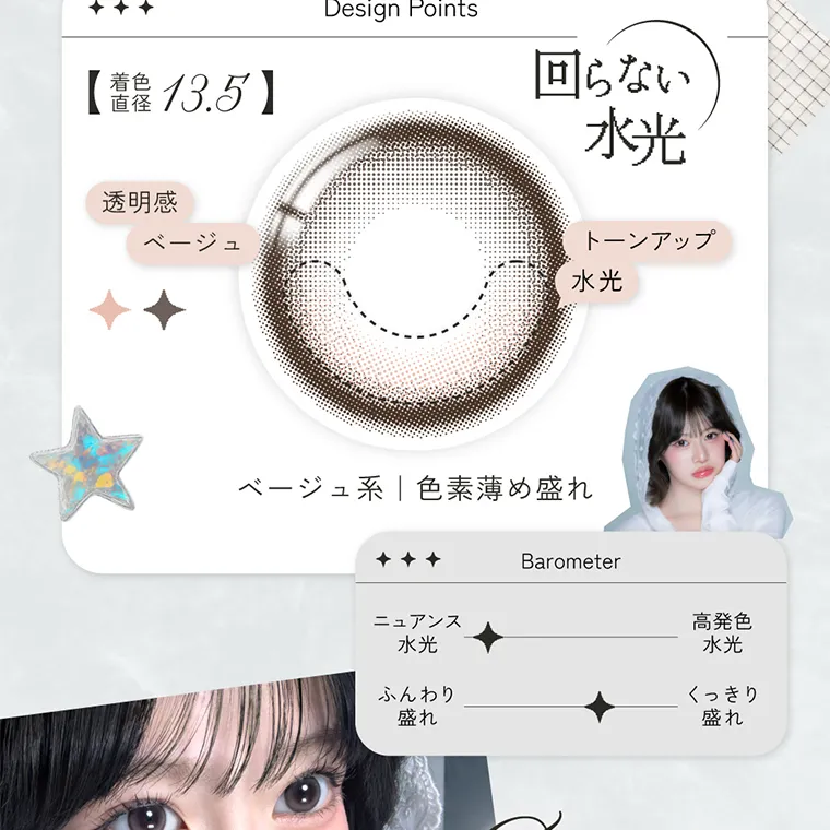 米澤りあイメージモデルカラコン RIARIA｜着色直径 13.5 Design Points 回らない 水光 透明感 ベージュ トーンアップ 水光 ベージュ系色素薄め盛れ Barometer