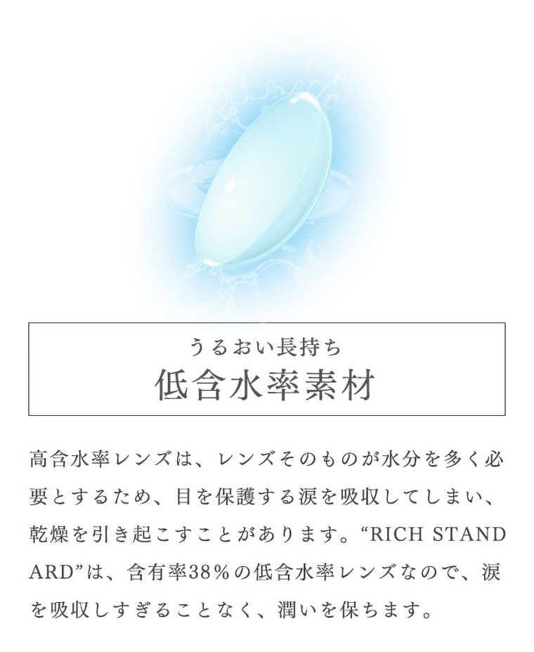 richstandard -リッチスタンダード|<うるおい長持ち 低含水率素材>高含水率レンズは、レンズそのものが水分を多く必要とするため、目を保護する涙を吸収してしまい、乾燥を引き起こすことがあります。“RICH STANDARD”は、含有率38%の低含水率レンズなので、涙を吸収しすぎることなく、潤いを保ちます。