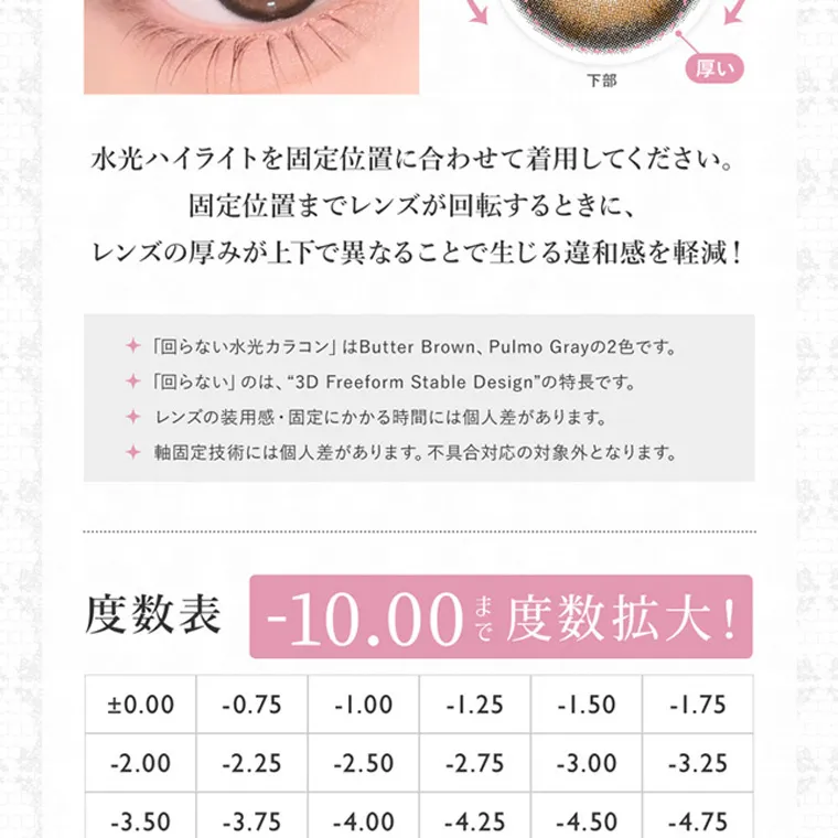 板野友美イメージモデルカラコン secret candymagic 1day シークレットキャンディーマジックワンデー｜水光ハイライトを固定位置に合わせて着用してください。 固定位置までレンズが回転するときに、レンズの厚みが上下で異なることで生じる違和感を軽減! ◆ 「回らない水光カラコンはButter Brown、　Pulmo Grayの2色です ◆「回らない」のは 3D Freeform Stable Pulmo Gra Design の特長です。◆ レンズの装用感・固定にかかる時間には個人差があります。◆ 軸固定技術には個人差があります。 不具合対応の対象外となります。 度数表 -10.00 度数拡大! ±0.00 -0.75 -1.00 -2.00 -2.25 -2.50 -3.50 -1.25 -1.50 -1.75 -3.00 -3.25 -2.75 -3.75 -4.00 -4.25 -4.50 -4.75 -5.00 -5.50 -6.00 -6.50 -8.00 -8.50 -7.00 -7.50 -9.00 -9.50 -10.00