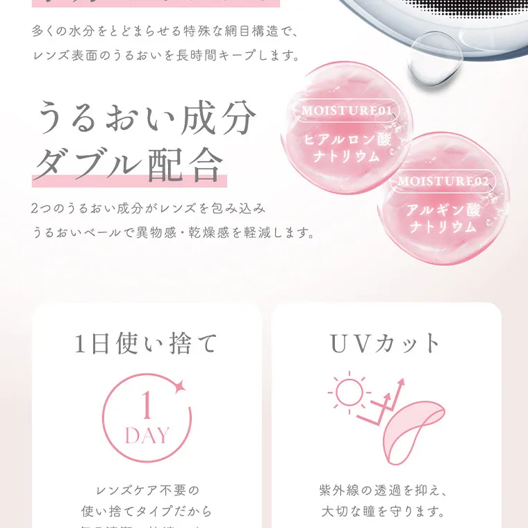 MOMOイメージモデル【シーワンデー／SIE 1day】｜多くの水分をとどまらせる特殊な網目構造で、 レンズ表面のうるおいを長時間キープします。 うるおい成分 ダブル配合 2つのうるおい成分がレンズを包み込み うるおいベールで異物感・乾燥感を軽減します。 MOISTURE01　ヒアルロン酸 ナトリウム MOISTURE02 アルギン酸 ナトリウム 1日使い捨て レンズケア不要の 使い捨てタイプだから 毎日清潔で快適です。UVカット DAY  紫外線の透過を抑え、大切な瞳を守ります。 ※UVA: 約70% 以上 / UVB : 約95%以上カット