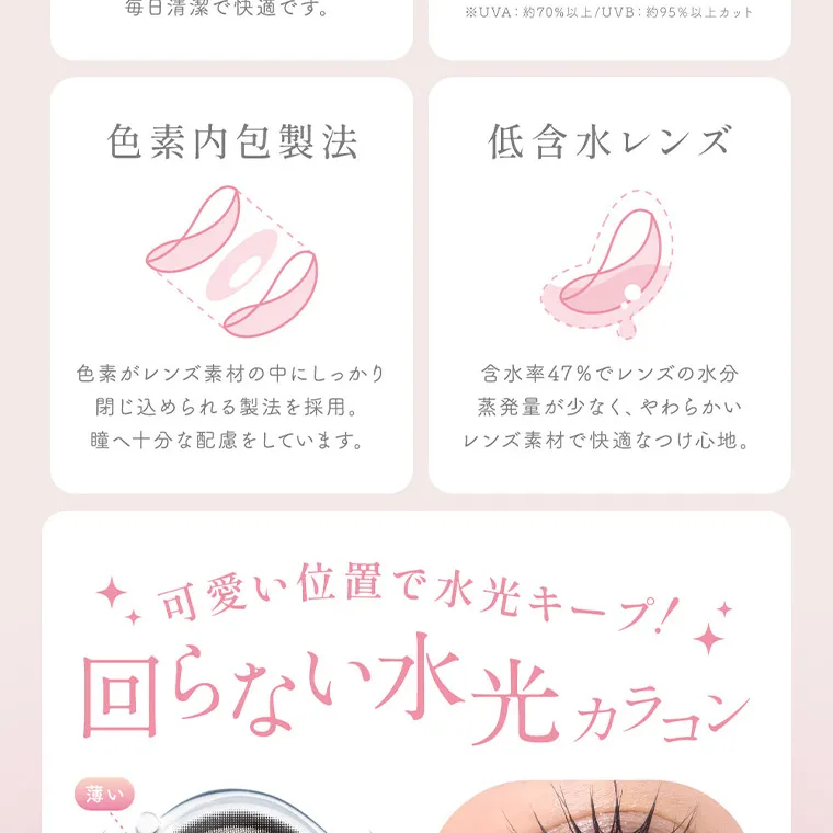 MOMOイメージモデル【シーワンデー／SIE 1day】｜色素内包製法 色素がレンズ素材の中にしっかり 閉じ込められる製法を採用。 瞳へ十分な配慮をしています。　低含水レンズ 含水率47%でレンズの水分 蒸発量が少なく、やわらかい レンズ素材で快適なつけ心地。 可愛い位置で水光キープ! 回らない水光 カラコン