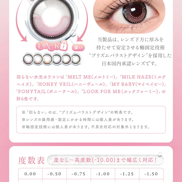 MOMOイメージモデル【シーワンデー／SIE 1day】｜当製品は、レンズ下方に厚みを持たせて安定させる軸固定技術 “プリズムバラストデザイン”を採用した 日本国内承認レンズです。 回らない水光カラコンは 「MELT ME (メルトミー)」 「MILK HAZE (ミルク ヘイズ)」 「HONEY VEIL (ハニーヴェール)」 「MY BABY (マイベイビー)」 「PONYTAIL (ポニーテール)」 「LOOK FOR ME (ルックフォーミー)」 の 計6色です。 ※「回らない」のは、“プリズムバラストデザイン”の特長です。 ※レンズの装用感・固定にかかる時間には個人差があります。 ※軸固定技術には個人差があります。 不具合対応の対象外となります。 度数 度なし~高度数(-10.00)まで幅広く対応! 0.00 -0.50 -0.75 -1.00 -1.25 -1.50