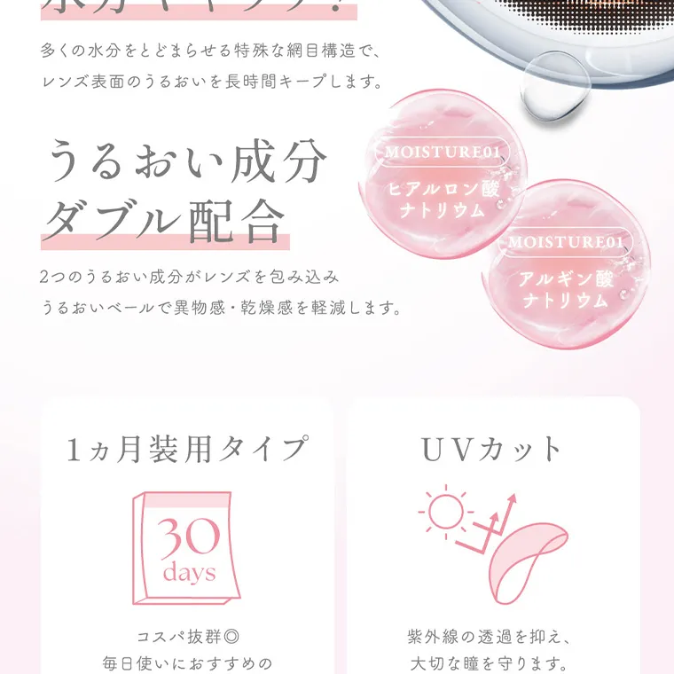 MOMOイメージモデル【シーマンスリー／SIE 1month】｜多くの水分をとどまらせる特殊な網目構造で、 レンズ表面のうるおいを長時間キープします。 うるおい成分 ダブル配合 2つのうるおい成分がレンズを包み込み うるおいベールで異物感・乾燥感を軽減します。 MOISTURE01　ヒアルロン酸 ナトリウム MOISTURE02 アルギン酸 ナトリウム 1ヶ月装用タイプ コスパ抜群　毎日使いにおすすめの1ヶ月交換カラコンです。 UVカット DAY  紫外線の透過を抑え、大切な瞳を守ります。 ※UVA: 約70% 以上 / UVB : 約95%以上カット
