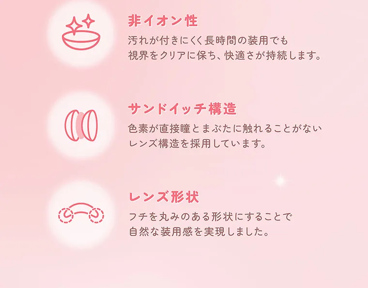 指原莉乃(さっしー)イメージモデル【トパーズマンスリー／TOPARDS monthly】｜非イオン性 汚れが付きにくく長時間の装用でも視界をクリアに保ち、快適さが持続します。 サンドイッチ構造 色素が直接瞳とまぶたに触れることがないレンズ構造を採用しています。 レンズ形状 フチを丸みのある形状にすることで自然な装用感を実現しました。