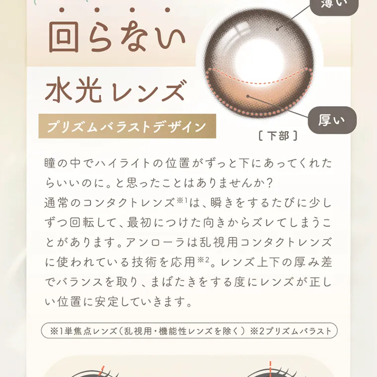 坂巻有紗イメージモデルカラコン unrolla｜Point 01 回らない 水光レンズ プリズムバラストデザイン 瞳の中でハイライトの位置がずっと下にあってくれた らいいのに。と思ったことはありませんか? 通常のコンタクトレンズ ※1は、瞬きをするたびに少し ずつ回転して、最初につけた向きからズレてしまうこ とがあります。 アンローラは乱視用コンタクトレンズ に使われている技術を応用 ※2。 レンズ上下の厚み差 でバランスを取り、まばたきをする度にレンズが正し い位置に安定していきます。 ※1単焦点レンズ (乱視用・機能性レンズを除く) ※2プリズムバラスト