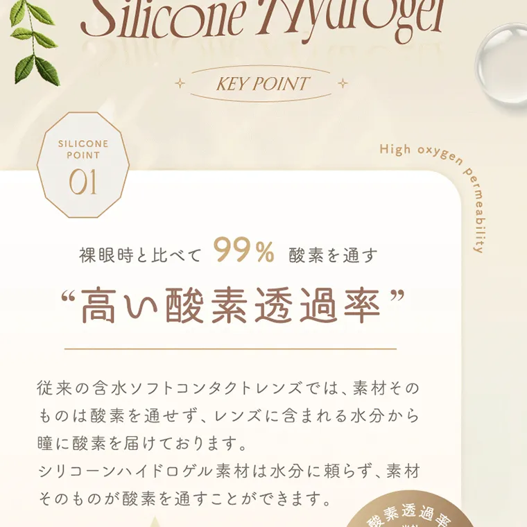 坂巻有紗イメージモデルカラコン unrolla｜Silicone Hydrogel SILICONE POINT 01 + KEY POINT + 裸眼時と比べて 99% 酸素を通す “高い酸素透過率 立体感 High oxygen 99 permeability 従来の含水ソフトコンタクトレンズでは、素材そ の ものは酸素を通せず、レンズに含まれる水分から 瞳に酸素を届けております。 シリコーンハイドロゲル素材は水分に頼らず、 素材 そのものが酸素を通すことができます。