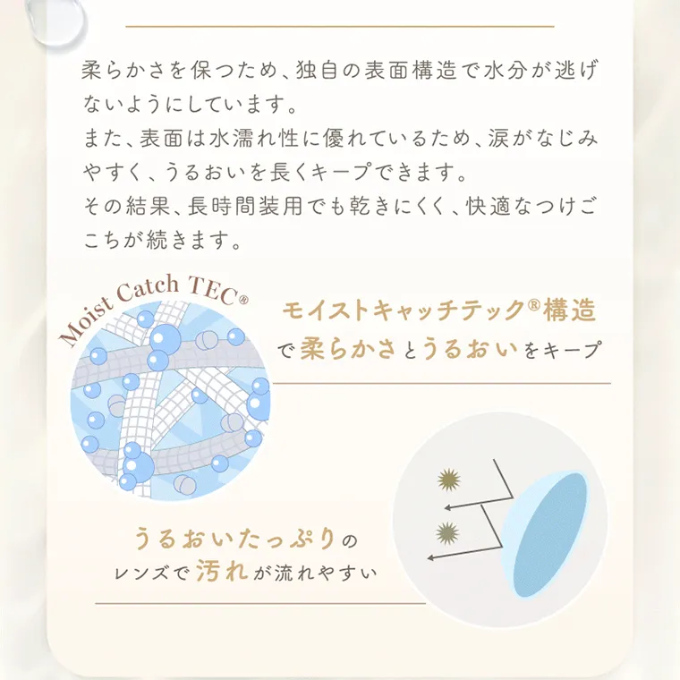 坂巻有紗イメージモデルカラコン unrolla｜柔らかさを保つため、独自の表面構造で水分が逃げ ないようにしています。 また、表面は水濡れ性に優れているため、涙がなじみ やすく、うるおいを長くキープできます その結果、 長時間装用でも乾 。 きにくく、快適なつけご こちが続きます。 Moist Catch TEC モイストキャッチテック ® 構造 で柔 ら か さとうるおいをキープ うるおい たっぷりの レンズで汚れが流れやすい