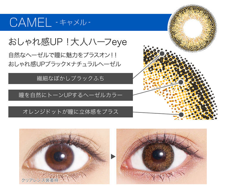 菜々緒イメージモデルカラコン Victoria 1day AQUA -ヴィクトリアワンデーアクア|<CAMEL-キャメル>おしゃれ感UP!大人ハーフeye。自然なヘーゼルで瞳に魅力をプラスオン!!おしゃれ感UPブラック×ナチュラルヘーゼル。繊細なぼかしブラックふち。瞳を自然にトーンUPするヘーゼルカラー 。オレンジドットが瞳に立体感をプラス