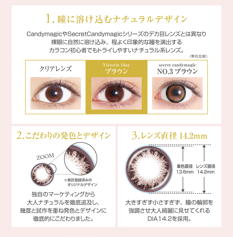 菜々緒イメージモデルカラコン Victoria 1day -ヴィクトリアワンデー|<1.瞳に溶け込むナチュラルデザイン>CandymagicやSecretCandymagicシリーズのデカ目レンズとは異なり裸眼に自然に溶け込み、程よく印象的な瞳を演出するカラコン初心者でもトライしやすいナチュラル系レンズ。<2.こだわりの発色とデザイン>独自のマーケティングから大人ナチュラルを徹底追及し、 幾度と試作を重ね発色とデザインに徹底的にこだわりました。<3.レンズ直径14.2mm>大きすぎず小さすぎず、瞳の輪郭を強調させ大人綺麗に見せてくれるDIA14.2を採用。