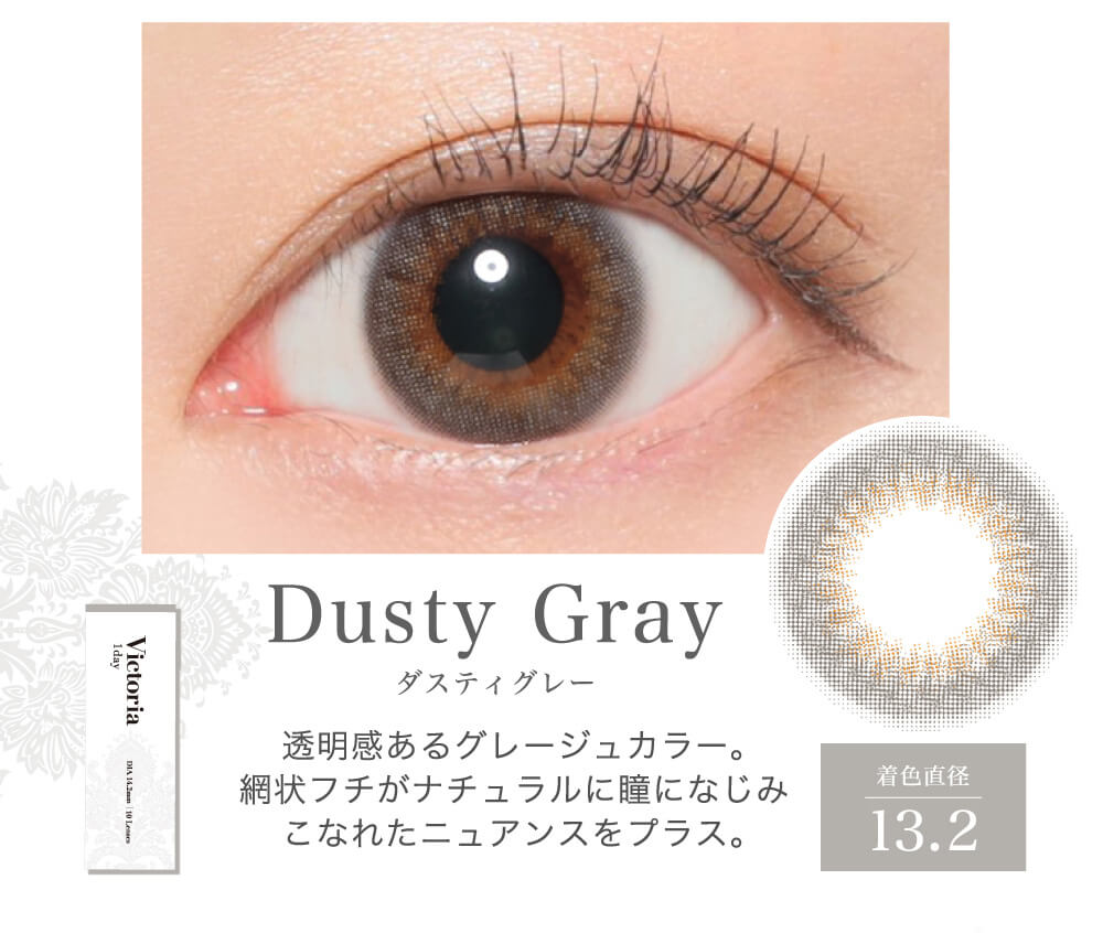 菜々緒イメージモデルカラコン Victoria 1day -ヴィクトリアワンデー|Dusty Gray ダスティーグレー 透明感あるグレージュカラー。網状フチがナチュラルに瞳になじみこなれたニュアンスをプラス。 着色直径13.2
