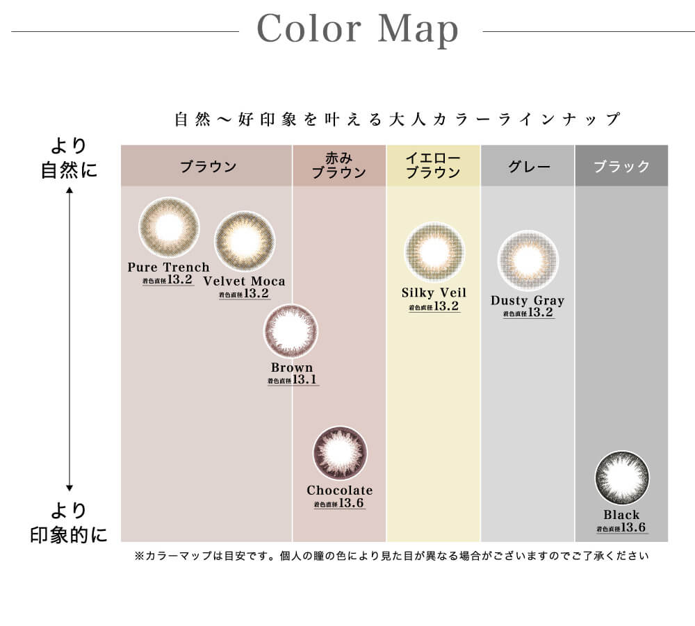 菜々緒イメージモデルカラコン Victoria 1day -ヴィクトリアワンデー|Color Map 自然〜好印象を叶える大人カラーラインナップ より自然に より印象的に ブラウン 赤みブラウン イエローブラウン グレー ブラック Silky Veil/Dusty Gray/Velvet Moca/Pure Trench/Chocolate/Brown/Black 着色直径13.1 着色直径13.2 着色直径13.6 ※カラーマップは目安です。個人の瞳の色により見た目が異なる場合がございますのでご了承ください。
