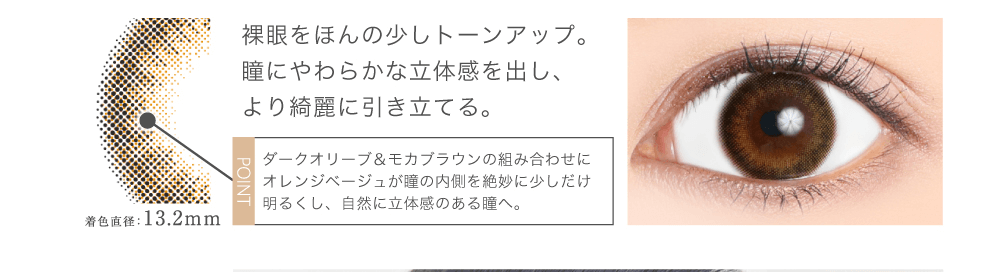 菜々緒イメージモデルカラコン Victoria 1day -ヴィクトリアワンデー|裸眼をほんの少しトーンアップ。瞳にやわらかな立体感を出し、より綺麗に引き立てる。ダークオリーブ&モカブラウンの組み合わせにオレンジベージュが瞳の内側を絶妙に少しだけ明るくし、自然に立体感のある瞳へ。 着色直径:13.2mm