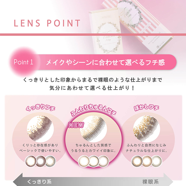 本田翼イメージモデルカラコン Viewm 1day -ビュームワンデー| LENS POINT Point1 メイクやシーンに合わせて選べるフチ感 くっきりとした印象からまるで裸眼のような仕上がりまで気分にあわせて選べる仕上がり! くっきりフチ くりっと存在感がありベーシックで使いやすい ふんわりちゅるんフチ NEW ちゅるんとした質感でうるうるとカワイイ印象に。 ぼかしフチ ふんわりと自然になじみナチュラルな仕上がりに。 くっきり系⇔裸眼系