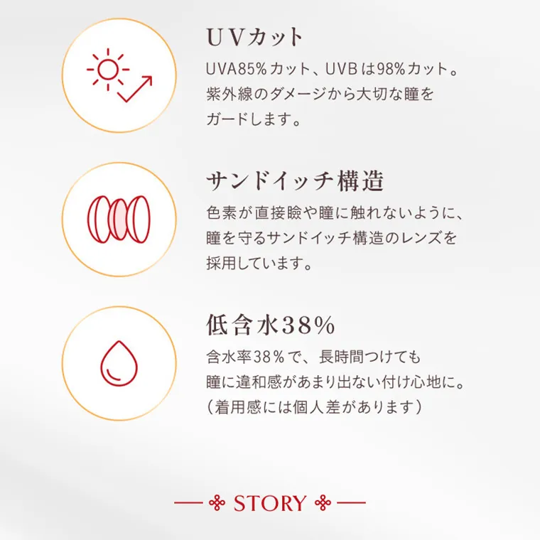  villege -ヴィレジェ｜UVカット UVA85%カット、UVBは98%カット。紫外線のダメージから大切な瞳をガードします。 サンドイッチ構造 色素が直接瞼や瞳に触れないように瞳を守るサンドイッチ構造のレンズを採用しています。 低含水 38% 含水率38%で、長時間つけても瞳に違和感があまり出ない付け心地に。 (着用感には個人差があります)