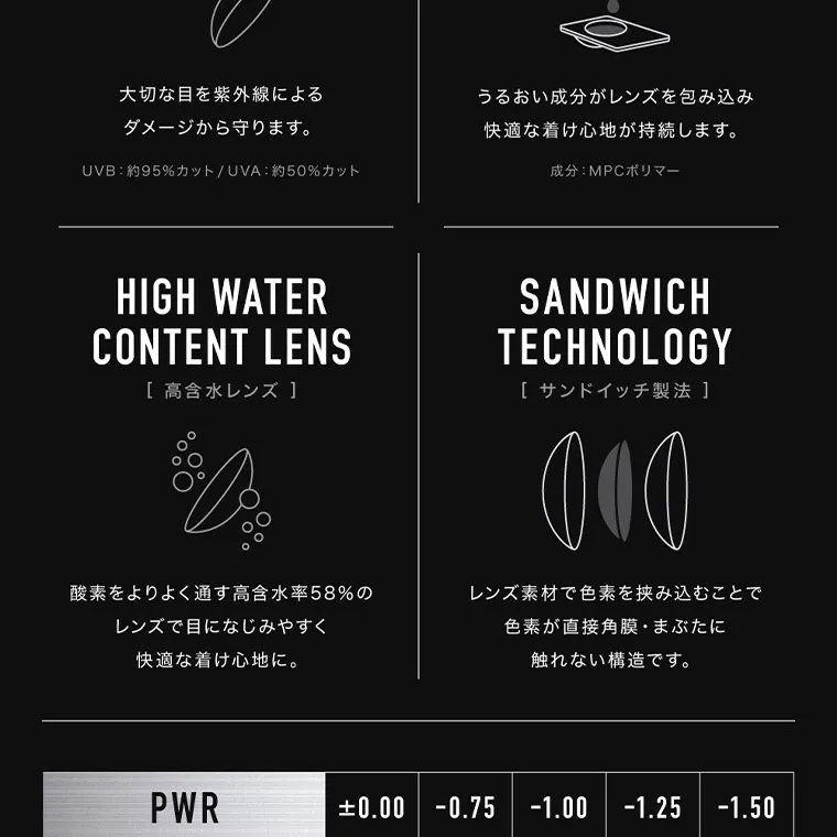 aespaイメージモデルカラコン ØTHER -アザー｜ 大切な目を紫外線による ダメージから守ります。 UVB: 約95% カット / UVA: 約50%カット うるおい成分がレンズを包み込み 快適な着け心地が持続します。 成分:MPCポリマー HIGH WATER CONTENT LENS [高含水レンズ ] 酸素をよりよく通す高含水率58%の レンズで目になじみやすく 快適な着け心地に。 SANDWICH TECHNOLOGY [ サンドイッチ製法 ] レンズ素材で色素を挟み込むことで 色素が直接角膜・まぶたに 触れない構造です。